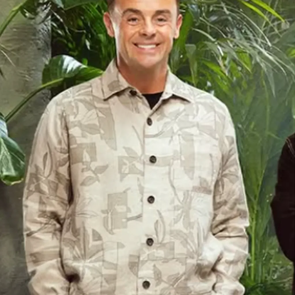 Anthony McPartlin I’m A Celebrity 2025 Beige Floral Print Button-Up Jacket with Line-Drawn Leaf Pattern and Chest Pockets