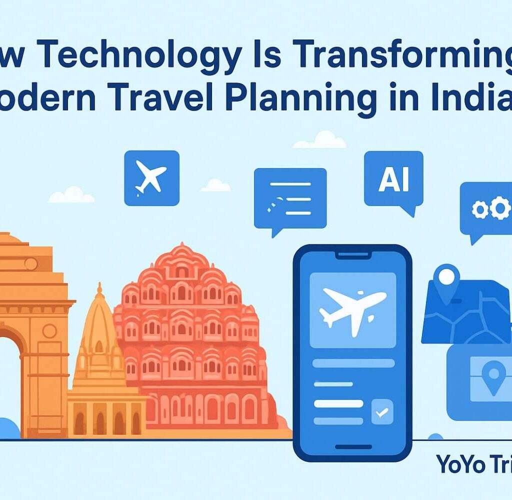 Banner showing Indian landmarks and digital travel planning tools representing how technology is transforming travel planning with YoYo Trips India.