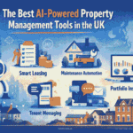 AI-powered property management tools in the UK with robot, UK map, and icons for smart leasing, maintenance, messaging, and insights.