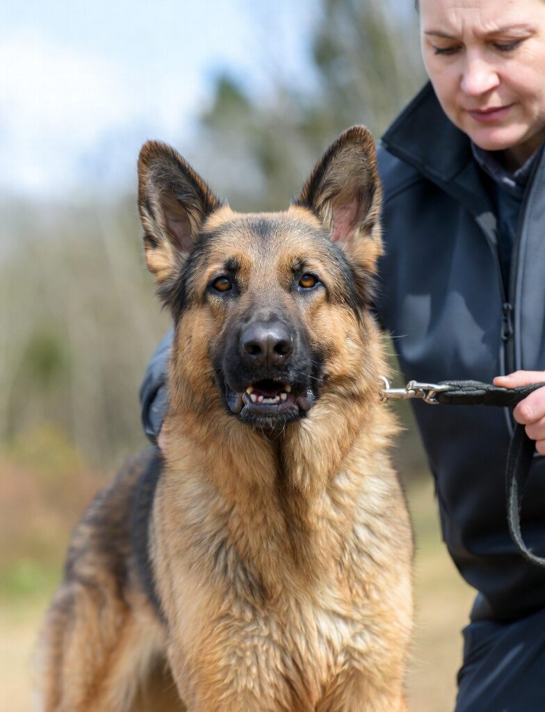 Personal protection dog training session showing a trained dog working under professional handler supervision in a controlled environment.