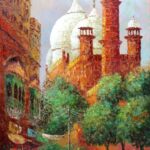Colorful impressionist painting of historic mosque architecture and street life, used to promote deep tissue massage tysons corner wellness services
