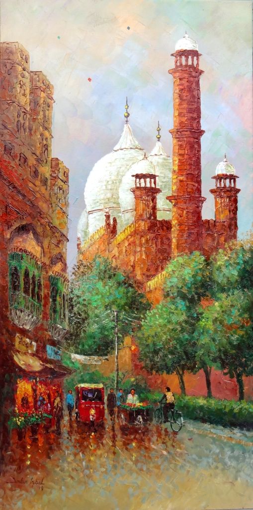 Colorful impressionist painting of historic mosque architecture and street life, used to promote deep tissue massage tysons corner wellness services