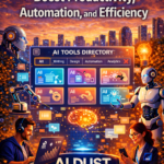 Illustration showing professionals improving productivity and automation using AI tools free within a modern digital workspace supported by AI Dust.