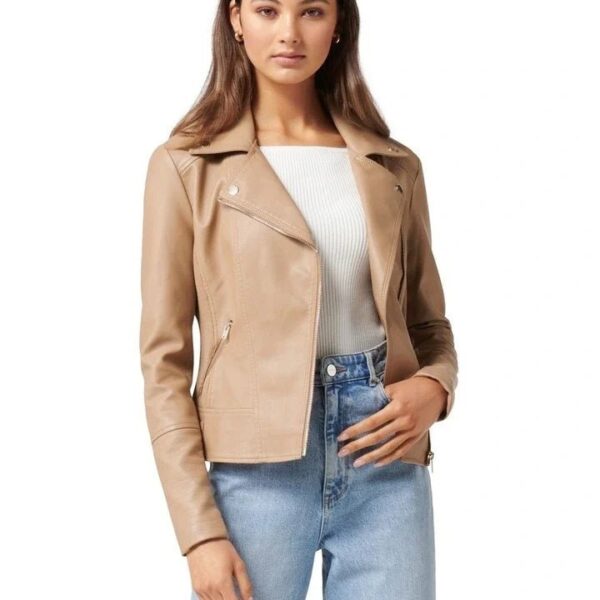 Women wearing Amy beige slim fit brown leather motorcycle jacket, modern biker style, durable and stylish outerwear for casual or riding fashion