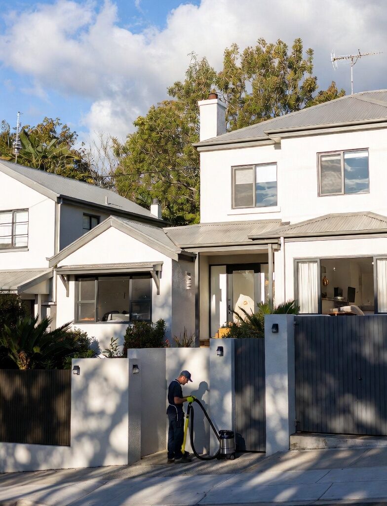 Professional house cleaner in navy uniform using an eco-friendly vacuum cleaner outside a row of modern Melbourne suburban homes in natural daylight. The scene features a mix of contemporary white and grey family houses with pitched roofs, leafy green trees, and open front yards, capturing a calm and welcoming Heidelberg/Broadmeadows-style atmosphere.