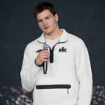 Drake Maye wearing a Super Bowl LX 2026 inspired jacket