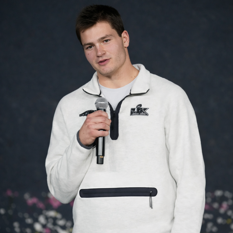 Drake Maye wearing a Super Bowl LX 2026 inspired jacket