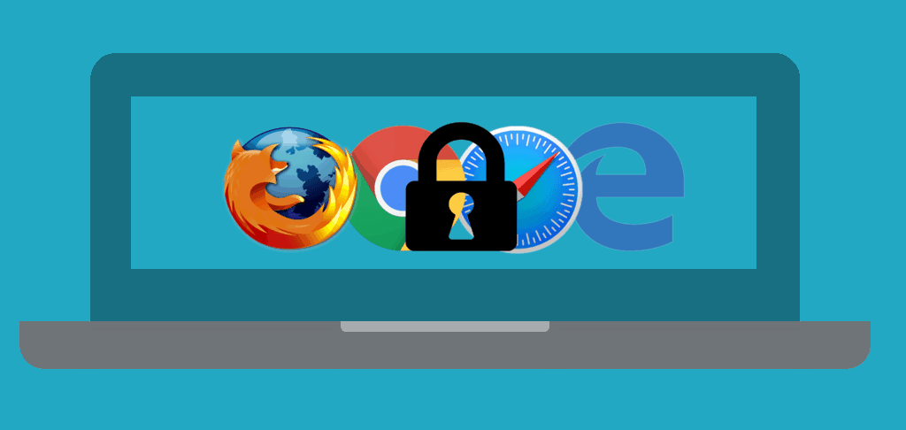 Laptop screen showing browser logos (Firefox, Chrome, Edge) locked by a large padlock icon