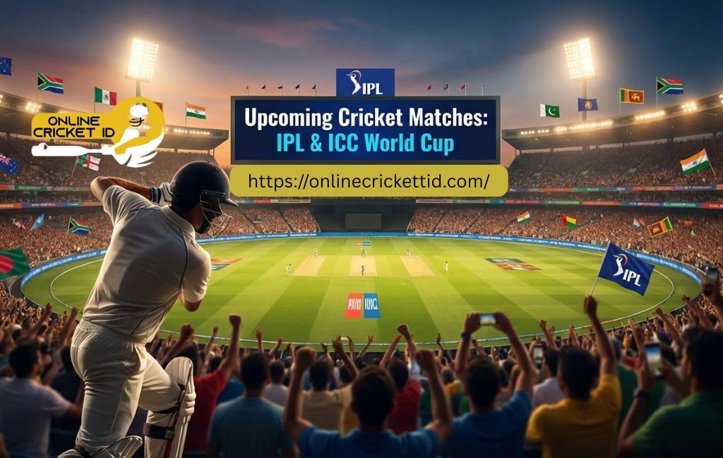 A cricket stadium with bright floodlights shows a batsman ready to play. The crowd is vibrant with flags of different nations. A billboard advertises "Upcoming Cricket Matches: IPL & ICC World Cup" with a website link. The atmosphere is lively and anticipatory.