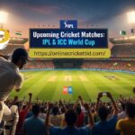 A cricket stadium with bright floodlights shows a batsman ready to play. The crowd is vibrant with flags of different nations. A billboard advertises "Upcoming Cricket Matches: IPL & ICC World Cup" with a website link. The atmosphere is lively and anticipatory.