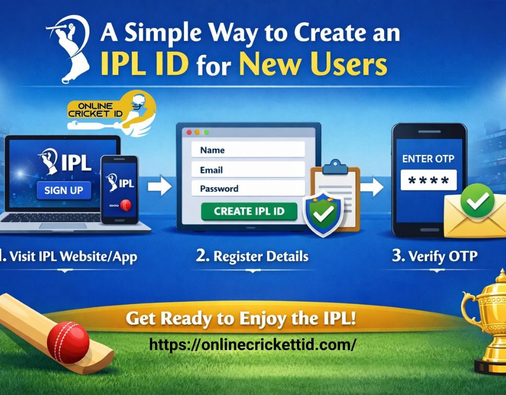 Step-by-step guide to creating an IPL ID: visit IPL site/app, register details, verify OTP. Includes cricket bat, ball, trophy, and stadium.